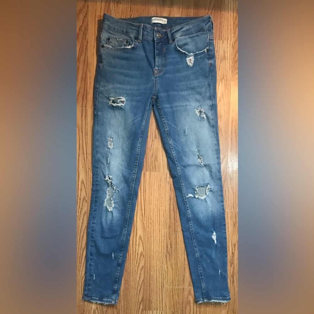 Zara premium Denim Collection Jeans size 4 skinny stretch distressed Blue